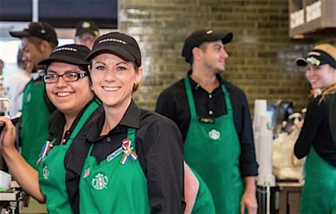 U.S. Veterans and active duty service members working for Starbucks can pass four years of free tuition on to their spouse or one of their kids. Starbucks Uniform, Barista Uniform, Starbucks Apron, Working At Starbucks, Free College, Family Members, Good News, Captain Hat, Hats