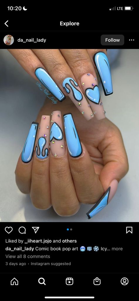 Cartoon Long Nails, Animated Acrylic Nails, Acrylic Nail Cartoon Designs, Nails Inspiration Cartoon, Comic Acrylic Nails, Comic Book Acrylic Nails, Blue Cartoon Nails, Crazy Acrylic Nails Designs Art Ideas, Loud Nails Art Designs