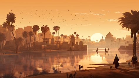 People outside the African cities' walls tend to their everyday tasks to make sure they are settled for the day. African City Concept Art, African Kingdom Concept Art, African Fantasy City, Desert Volcano, Black Palace, African City, African Cities, Beauty Goddess, African Landscape