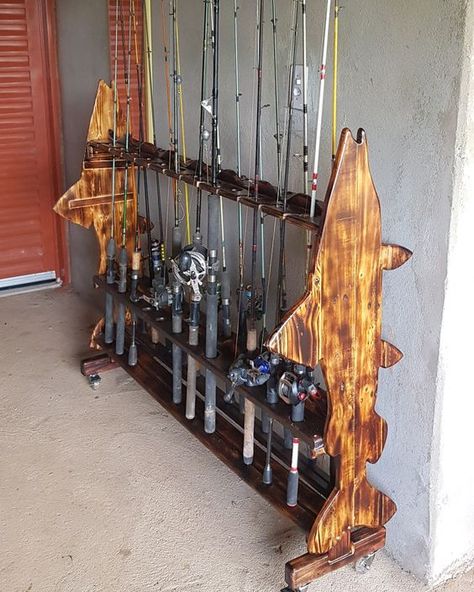 Fishing Wood Projects, Fishing Racks Rod Holders, Fishing Organization Ideas, Boat Shelf Decor, Fishing Shed, Fishing Cabinet, Hunting Room Design, Diy Fishing Rod Holder, Fishing Pole Storage