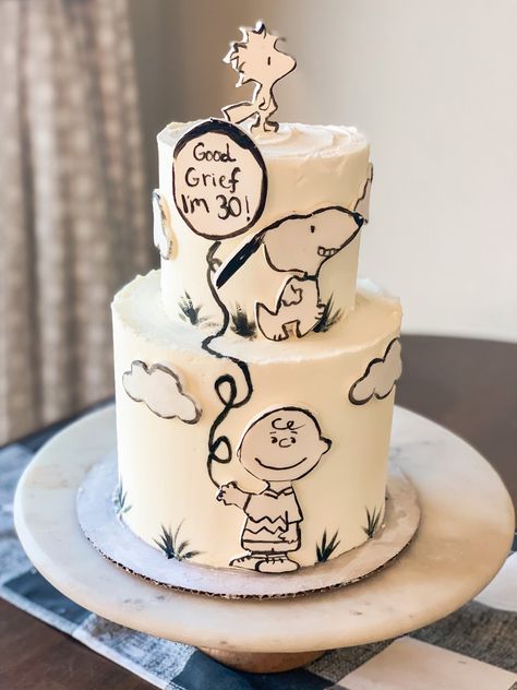 Charlie Brown Birthday Cake, Comic Cake Birthday, Charlie Brown Cake, Snoopy Birthday Cake, Snoopy Cake, Comic Cake, Brown Cake, Cake Designs For Kids, 30th Birthday Cake