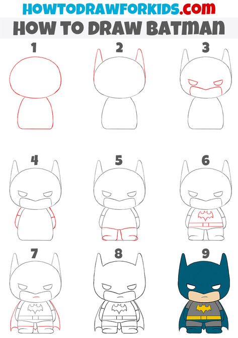 how to draw batman step by step Step By Step Superhero Drawing, Easy To Draw Superhero, Drawing Batman Easy, Superhero Easy Drawing, Easy Superhero Drawings, Cartoon Superheroes Drawing Easy, Draw Superhero, Cartoon Art Step By Step, Easy Super Hero Drawing