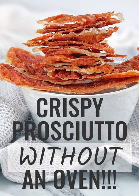 How to make crispy prosciutto without an oven with my great quick hack! You will get amazingly crisp prosciutto slices which you can then use in so many different ways. As an appetizer on your next grazing board, sprinkled on top of soups and chowders, or added to pasta or salad dishes. Even eat them as crispy keto chips! #chefnotrequired #prosciutto Prociutto Appetizers, Soups And Chowders, Keto Chips, Prosciutto Recipes, Crispy Prosciutto, Grazing Board, Salad Dishes, Tasty Pasta, Cheese Appetizers