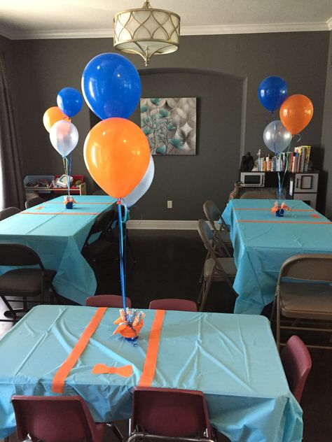 Blippi Diy Party, Blippi Birthday Party Centerpiece Ideas, Blippi Table Decorations, Blippi Birthday Ideas, Blippi Second Birthday, Blippi Birthday Party Decorations Diy, Blippi Party Centerpieces, Blippi Birthday Party Centerpiece, Blippi 3rd Birthday Party