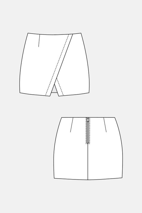 Nascha Mini Skirt Lined and normal-waisted mini skirt Asymmetric style with overlapped front that creates a triangular vent detail Zipper closure at back Choose a medium weight, inelastic fabric such as linen, tweed or other wool or wool mix Skirt Drawing, Mini Skirt Pattern, A Line Skirt Pattern, Skirt Pattern Free, Diy Fashion Trends, Flat Drawings, Clothing Sketches, Technical Drawings, Flat Sketches