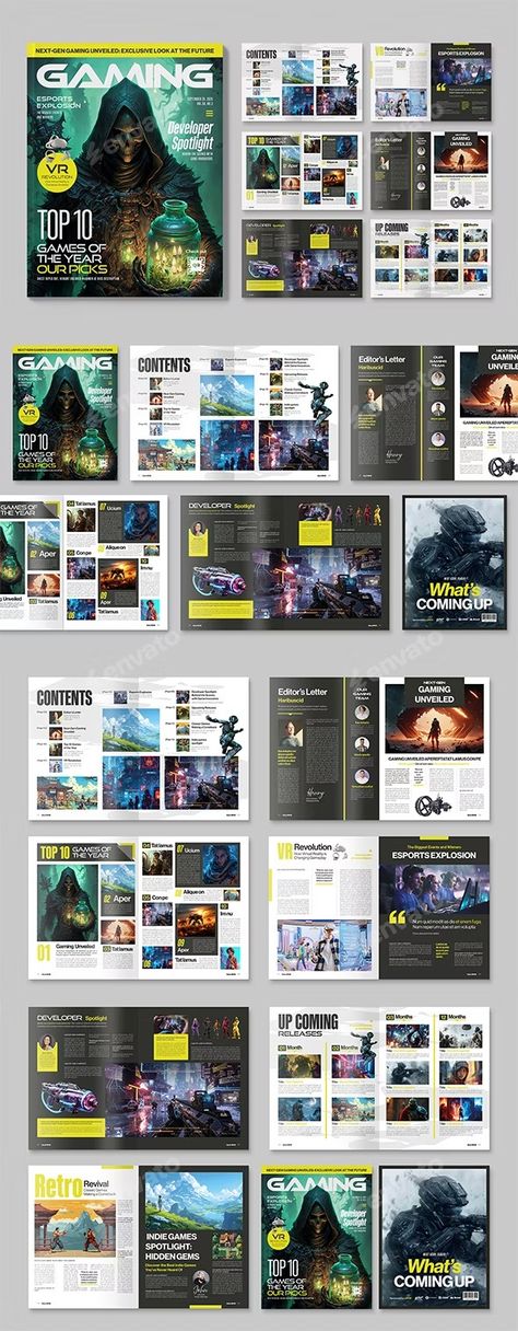 Gaming Magazine Template, Print Templates | GraphicRiver Gaming Magazine Layout Design, Game Magazine Layout Design, Gaming Magazine Layout, Gaming Typography, Gaming Magazine, Ebook Layout, Game Magazine, Best Presentation Templates, Video Game Magazines