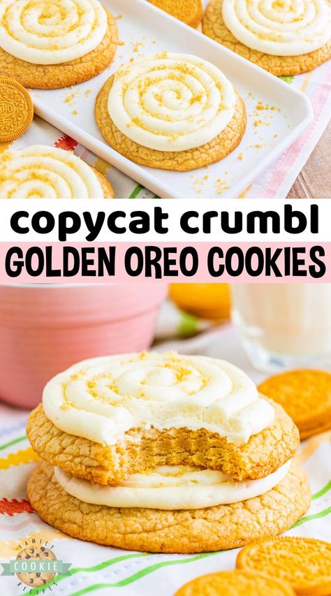 COPYCAT CRUMBL GOLDEN OREO COOKIES - Family Cookie Recipes Golden Oreo Crumbl Cookie, Crumbl Golden Oreo Cookies, Copy Crumble Cookies, Copycat Oreo Cookies, Fall Crumble Cookie Copycat Recipe, Crumbl Cookie Recipe Copycat, Crumble Copycat Cookies, Crumble Cookie Copycat Recipe, Crumbl Cookie Recipes