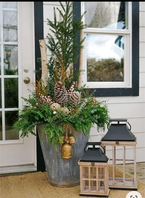 Christmas Trees In Planters Outdoors, Large Winter Planters Outdoor, Holiday Planters Front Porches, Christmas Planters Outside Front Porches, Christmas Porch Pots, Winter Planters Front Porches, Front Porch Planter, Potted Christmas Tree, Winter Patio