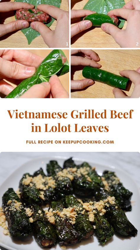 bo la lot, bo nuong la lot, vietnamese grilled beef in betel leaves, vietnamese grilled beef in lolot leaves Special Dishes, Beef Roll, Pickled Carrots, Five Spice Powder, Beef Chili, Grilled Beef, Asian Countries, Vietnamese Food, Oyster Sauce