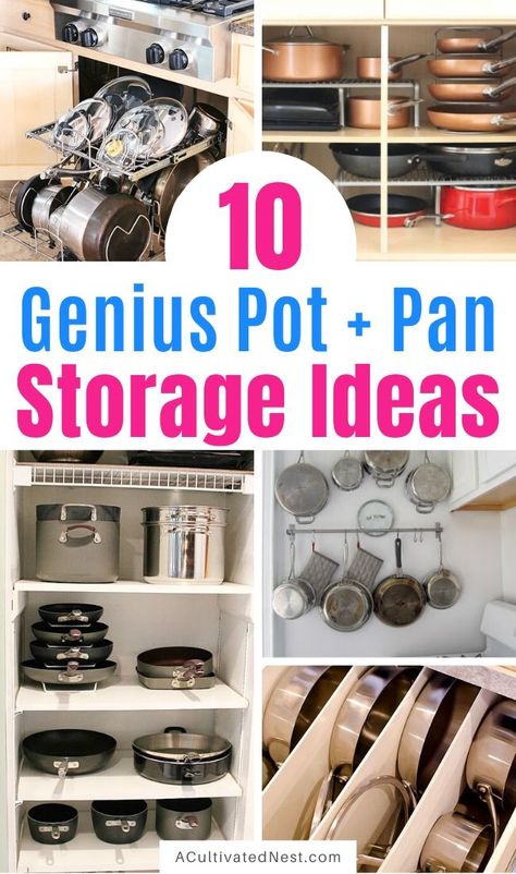 10 Awesome Tips for Organizing Pots and Pans- Tired of all your disorganized pots and pans? Get your kitchen organized easily with these 10 awesome tips for organizing pots and pans! | #organizingTips #organizationIdeas #organize #kitchenOrganization #ACultivatedNest Kitchen Pans Organization, Pot And Pan Storage, Pan Storage Diy, Pot Lid Storage, Kitchen Cupboard Organization, Kitchen Cabinet Organization Ideas, Cookware Storage, Pot And Pans Organization, Pot Organization