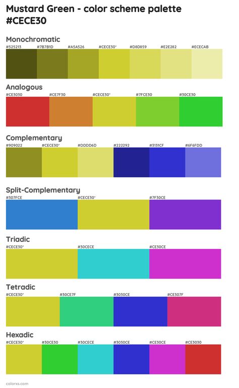 Mustard Green color palettes and color scheme combinations Green Color Palettes, Green Color Names, Draw A Hexagon, Analogous Color Scheme, Rgb Color Codes, Split Complementary Colors, Split Complementary, Rgb Color Wheel, Monochromatic Color Palette