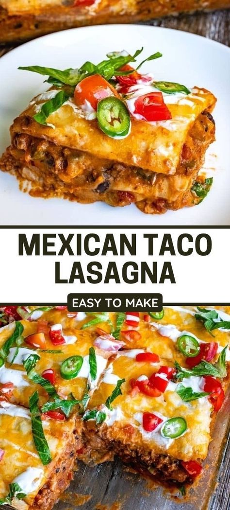 Vegetarian Taco Lasagna, Dinner Ideas For Bunco Night, Taco Lasagna Bake, Easy Mexican Taco Lasagna, Mexican Lasagna Recipe With Tortillas, Taco Lasagna With Tortillas, Dinner To Feed A Crowd, Easy Taco Lasagna, Mexican Taco Lasagna