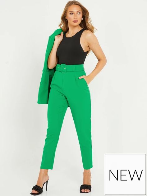 Quiz Jade Green Tapered Tailored Trouser | very.co.uk Shirt And Trousers Women, Tapered Pants Outfit, Black Linen Trousers, Maternity Trousers, Fall Fashion Trends Women, Work Trousers, Tapered Trousers, Flare Trousers, Tapered Pants