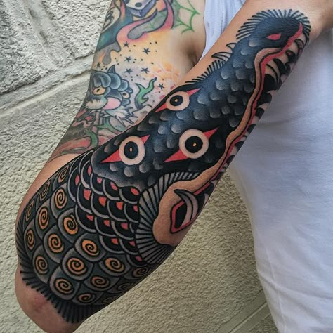 #three-eyes #crocodile #tradiotinaltattoo by Ichimaru Traditional Tattoo Arm, Ocean Sleeve Tattoos, Crocodile Tattoo, Solid Black Tattoo, Traditional Tattoo Designs, Peacock Feather Tattoo, Occult Tattoo, Health Tattoo, Demon Tattoo