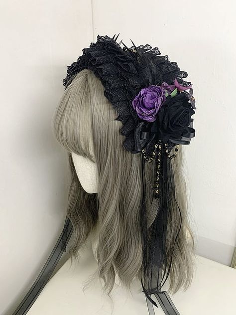 Elevate your Gothic Lolita look with this stunning bead chains gothic rosette design feather KC in black/black and purple. This single KC features intricate bead chains, a bold rosette design, and eye-catching feathers in a striking color combination of black. Perfect for adding a touch of dark elegance to your outfit, this accessory is a must-have for any Lolita fashion enthusiast.   Please note that only the KC is included, other items are not part of the package. Goth Head Accessories, Ink Mushroom, Gothic Headpiece, Purple Goth, Pinterest Wardrobe, Kawaii Hair, Purple Gothic, Purple Accessories, Steampunk Fashion Male