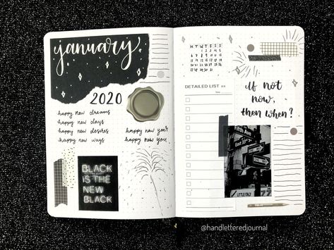 Black And White Journal Ideas Aesthetic, Black And White Bujo Theme, Black And White Scrapbook Ideas, Black Theme Journal, Black And White Journal Ideas, Black Scrapbook Ideas Aesthetic, Black And White Bullet Journal, January Cover Page, Journal Black And White