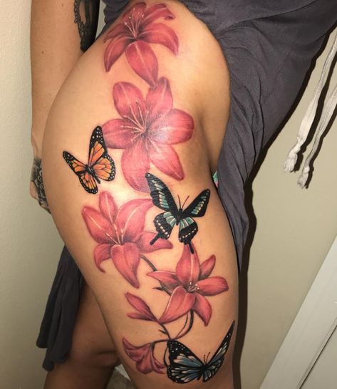 #thightattoo #tattoo #beautifultattoo #bodyart Butterfly And Flower Tattoo Thigh, Butterfly Thigh Tattoo Black Women, Side Tight Tattoos For Women, Butterfly Tattoo Thigh For Women, Women’s Side Tattoos, Big Side Tattoos Women, Side Hip Tattoos Unique, Tight Tattoos For Women, Hip And Thigh Tattoos Women