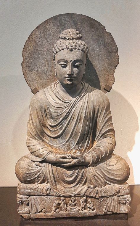 Buddha in Dhyana Mudra, circa 200-400 CE, Kushan Period, Pakistan, Gandhara School of Art, housed in the Victoria and Albert Museum, London. Gandhara Buddha, Kushan Empire, Gandhara Art, Dhyana Mudra, Historical India, Buddha Sculpture, Egypt Art, Plastic Art, Buddhist Monk