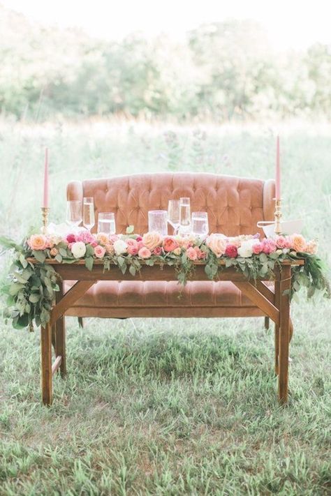 cozy sweet heart table with farm table and velvet loveseat Wedding Sweetheart Table Flowers, Elegant Farm Wedding, Sweetheart Table Flowers, Editorial Bride, Wedding Outdoors, Sperry Tent, Table Garland, Beautiful Wedding Reception, Sweetheart Table Wedding