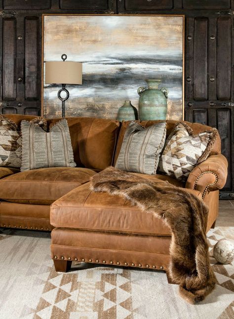 Pillows Crochet, Adobe Interior, Western Living Room, Top Grain Leather Sofa, Chaise Lounger, Pallet Furniture Bedroom, Lodge Decor, Home Decor Living Room, Rustic Living