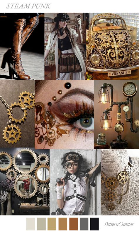 STEAM PUNK by PatternCurator Steampunk Mood Board, Steam Punk Color Palette, Steampunk Moodboard, Steampunk Color Palette, Punk Collage, Old Fashioned Bicycle, Punk Decor, Pattern Curator, Steampunk House