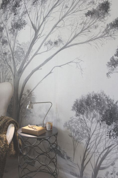 Grisaille Mural, Grey Mural Wallpaper, Tranquil Interior, Grey Mood, Studio Wallpaper, Wallpaper Walls, Walls Art, Gray Tree, Brand Values