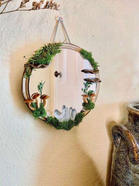 Enchanted Moss Forest Mushroom Mirror Mini Portal Handmade Cottagecore Fairy Unique Decor - Etsy Fairycore Mirror, Moss Mirrors, Mushroom Mirror, Enchanted Items, Fairy Mirror, Mirror Upcycle, Forest Room Decor, Moss Forest, Mushroom Cottagecore