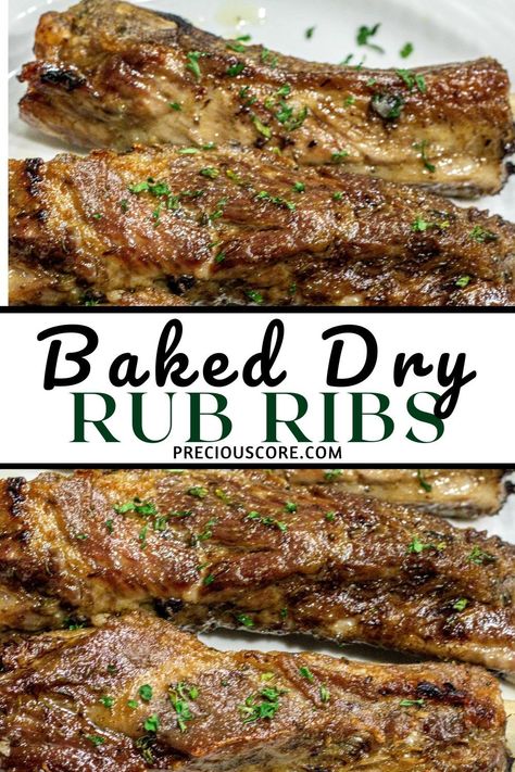 The tastiest Baked Dry Rub Ribs you will ever have! Made with a simple dry rub, these pork ribs are easy enough to make for weeknights and fancy enough to make for the holidays or special occasions. Dry Pork Ribs Oven Baked, Dry Ribs In Oven, Oven Baked Dry Rub Ribs, Rib Recipes In Oven Dry Rub, Oven Roasted Ribs Dry Rubs, Rib Rub Recipe Dry Oven, Pork Spare Ribs In The Oven Dry Rub, Pork Ribs In The Oven Dry Rub, Crockpot Ribs Dry Rub