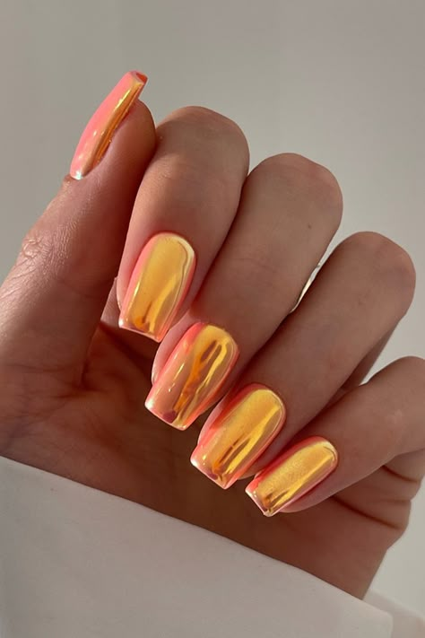 The Cutest Chrome Nails Ideas to Inspire Your Next Manicure | Stylish Belles Check more at https://mangadexx.com/the-cutest-chrome-nails-ideas-to-inspire-your-next-manicure-stylish-belles/ Orange Chrome Nails, Nails Dnd, Nail Design Gold, Hearts Nails, Orange Chrome, Sparkle Nail Designs, Pride Nails, Gold Chrome Nails, Bright Nail Designs