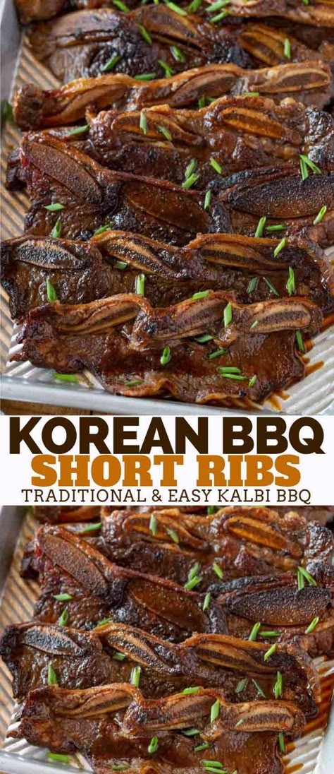 Korean Kalbi BBQ Short Ribs are incredibly flavorful and sweet, made from flanken short ribs marinated all day long in a soy garlic marinade with grated pears and grilled to perfection! #marinade #shortribs #korean #asian #takeout #beef #dinner #cooking #dinnerthendessert Shortribs Korean, Flanken Short Ribs, Flanken Short Ribs Recipe, Ribs Marinade Recipe, Short Ribs In Oven, Short Rib Recipes Oven, Korean Bbq Ribs, Korean Bbq Short Ribs, Bacon Board