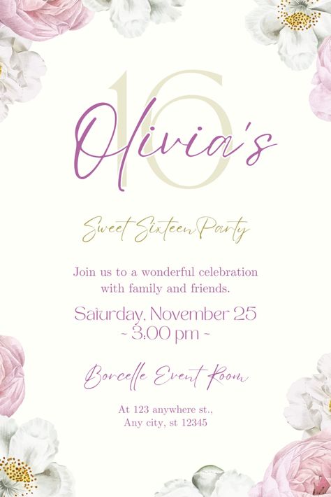 16 Birthday Invitation Template, Floral Sweet 16, Sweet Sixteen Birthday Invitations, Diy Birthday Invitations, 16th Birthday Invitations, Vintage Birthday Cards, Sweet Sixteen Parties, Sweet Sixteen Birthday, Sweet 16 Invitations