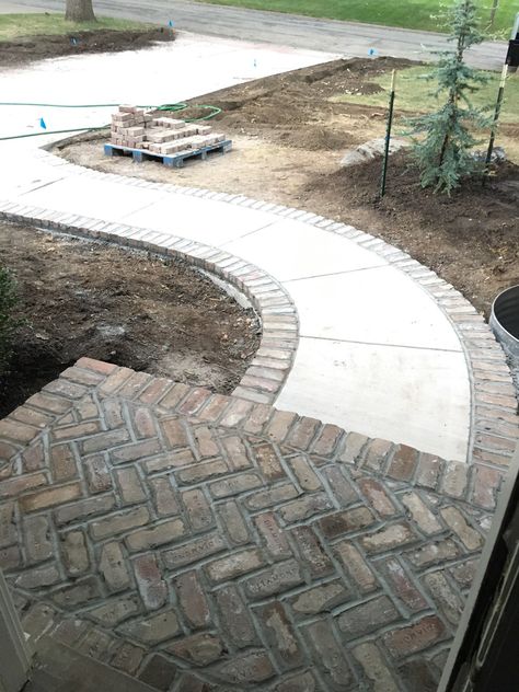 Front Sidewalk Landscaping, Mindfully Gray, Sidewalk Landscaping, Landscaping Design Ideas, Brick Walkway, Concrete Walkway, Outdoor Walkway, Front Walkway, Exterior Makeover