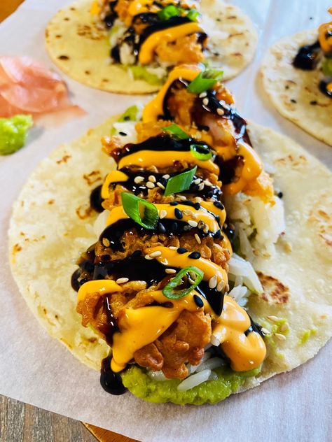 Shrimp Tempura Sushi Tacos - Cooks Well With Others Shrimp Tempura Tacos, Japanese Tacos, Pretty Appetizers, Shrimp Tempura Sushi, Mexican Sushi, Mango Sushi, Tempura Sushi, Sushi Taco, Fried Sushi