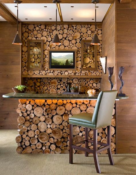 See more of Deborah Walker + Associates's "Elevated Hideaway" on 1stDibs Lodge Bar, Cabin Bar, Log Wall, Log Furniture, Cabin Lodge, Lodge Decor, Restaurant Interior Design, Restaurant Interior, Diy Backyard