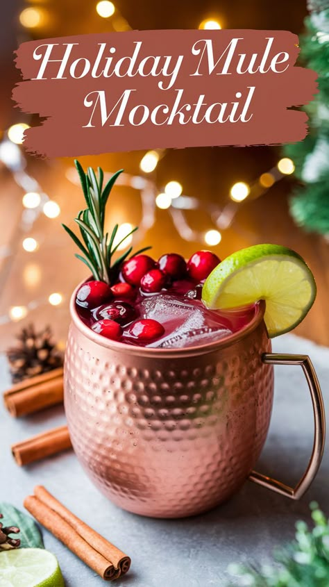 "Discover the perfect Holiday Mule Mocktail Recipe that's sure to impress at your next gathering! This festive drink is a delightful non-alcoholic cocktail, combining seasonal flavors for a refreshing twist. Perfect for holiday parties, this easy mocktail idea brings the spirit of the season to your glass. Enjoy this delicious mule recipe as a go-to option for festive gatherings and seasonal celebrations. Cheers to unforgettable holiday moments with these flavorful, non-alcoholic beverages!" Non Alcoholic Mule, Christmas Drinks Recipes Nonalcoholic, Mocktail New Years, Mocktail Mule, Holiday Mocktails Non Alcoholic, Holiday Non Alcoholic Drinks, Christmas Mocktails Non Alcoholic, Christmas Non Alcoholic Drinks, Mule Mocktail Recipe