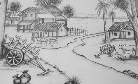 Day6 of Simsum Arts 30 Days Challenge #theme - #landscape  @simsumarts @simsumarts_challenges  #simsumarts @simsumarts_challenges  #landscapedrawing Village Life Pencil Sketches, Village Scenery Drawing Pencil, Village Life Drawing Pencil, Village Scene Drawing Pencil Sketch, Village Pencil Sketch, Village Sketch Drawing, Village Life Drawing Easy, Village Drawing Pencil, Village Scene Drawing Pencil