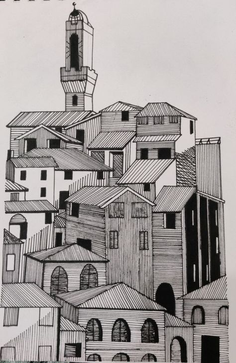 Architecture Drawing Art Easy, Pencil Art Drawings City, Micron Pen Art Sketches Architecture, City Drawing Sketches Simple, Repetition Art Drawing, Pen Work Drawings, City Pencil Drawing, Architecture Drawing Easy, Skecting Ideas