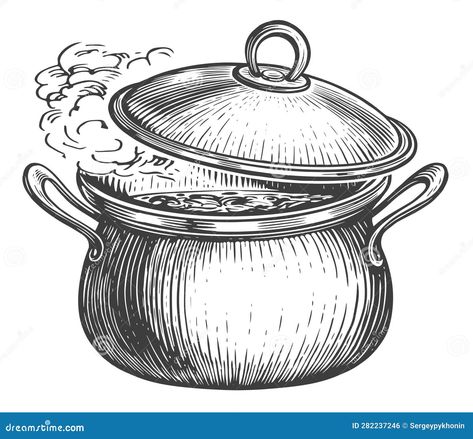 Cooking pot with smoke. Boiling saucepan with lid. Hand drawn sketch engraving illustration Pot Drawing, Kitchen Drawing, Abstract Animal Art, Nature Art Drawings, Cooking Soup, Engraving Illustration, Illustration Food, Kitchen Pot, Outline Drawings