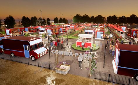 Food Truck Parking Design, Food Truck Park Design Ideas, Food Park Design Ideas, Food Truck Park Design, Food Park Design, Beautiful Spectacles, Bus Food Truck, Sims Blender, Tucson Food