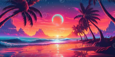 Aesthetic beach synthwave retrowave wallpaper with a cool and vibrant neon design, AI Generated Retrowave Wallpaper, Neon Sunset, Chill Wallpaper, Sunset Canvas Painting, Anime Backgrounds, Neon Design, Sunset Canvas, Aesthetic Beach, Free Vectors