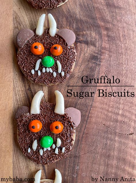 Gruffalo Cookies, Gruffalo Biscuits, Gruffalo Activities Eyfs, Gruffalo Activities, Gruffalo Party, Preschool Food, Fairytale Theme, Sugar Biscuits, M&m's Chocolate