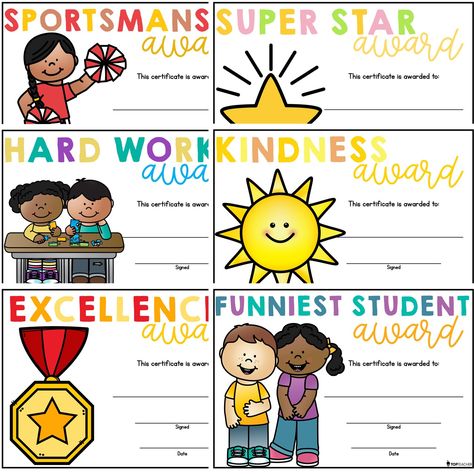 Kindergarten Awards Certificates, Kindness Certificate Free Printable, Kindergarten Certificates Templates, End Of Year Certificates Student Awards, Award Certificates Template Printables, End Of Year Awards For Students, Preschool Certificates Free Printable, End Of Year Student Awards, Kindergarten Awards