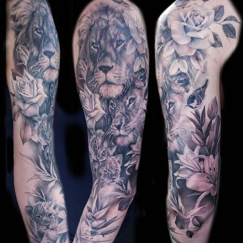 Floral Sleeve Tattoo, Lion Chest Tattoo, Baby Lion Cubs, Big Cat Tattoo, Cubs Tattoo, Tattoo 2024, Mama Tried, Lion Cubs, Cat Tattoos