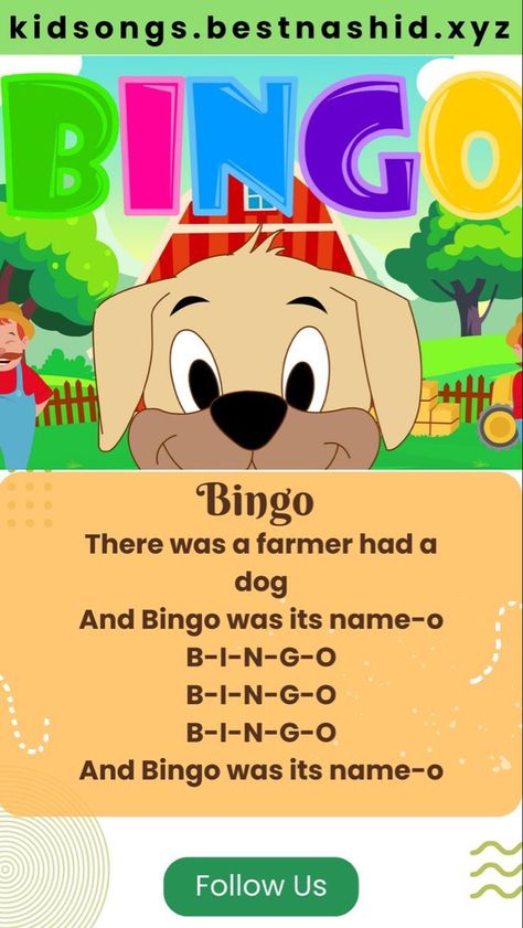 B-i-n-g-o Song, Bingo Dog Song, Bingo Song, Bingo Dog, Animal Songs, Nursery Rhymes Lyrics, Bingo For Kids, Dance Songs, Cattle Dogs