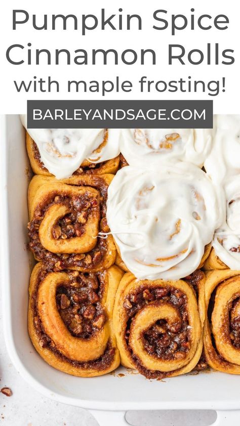 These pumpkin spice cinnamon rolls have a gooey, brown sugar pecan filling and are topped with a light, maple cream cheese frosting! They have a ton of pumpkin flavor in both the dough AND the filling for a cozy fall breakfast that you can enjoy on a chilly fall morning with a homemade pumpkin spice latte! Fall Soup Recipes Healthy, Fall Chicken Recipes, Pumpkin Spice Cinnamon Rolls, Pecan Filling, Maple Cream Cheese Frosting, Pecan Cinnamon Rolls, Pumpkin Pie Spice Recipe, Maple Cream Cheese, Fall Crockpot Recipes