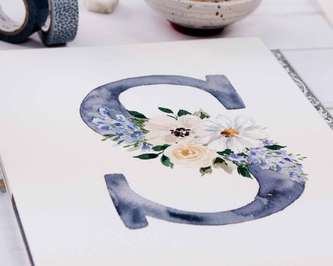 Watercolour Letters, Cotman Watercolor, Shayda Campbell, Painted Christmas Tree, Floral Monogram Letter, Gifts 2021, Letter Diy, Monogram Painting, Watercolor Monogram