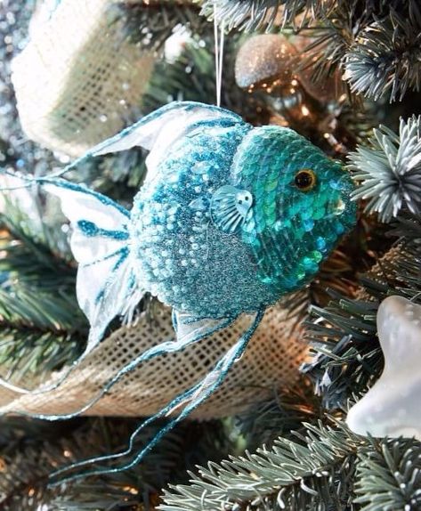 Sparkling Blue & Silver Coastal Christmas Tree Diy Fish Ornament, Theme Christmas Tree, Fish Christmas, Fishing Christmas Ornaments, How To Make Fish, Driftwood Christmas Tree, Coastal Ornament, Coastal Christmas Tree, Fishing Christmas