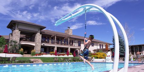 Swimming Pool Zipline. Pool Zipline, Patrick House, Barn Pool, Inground Pool Designs, Kidney Shaped Pool, Hot Tub Landscaping, Amazing Backyard, Park Ideas, Pool Water Features