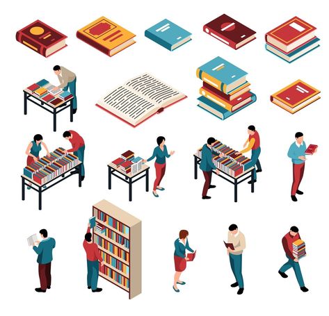 Free Vector | Isometric book fair exhibition festival set with characters of library workers visitors and icons of books vector illustration Tool Library, Books Vector, Library Icon, Landscape Collage, Book Icons, Book Fair, Back To School Activities, School Activities, Graphic Resources