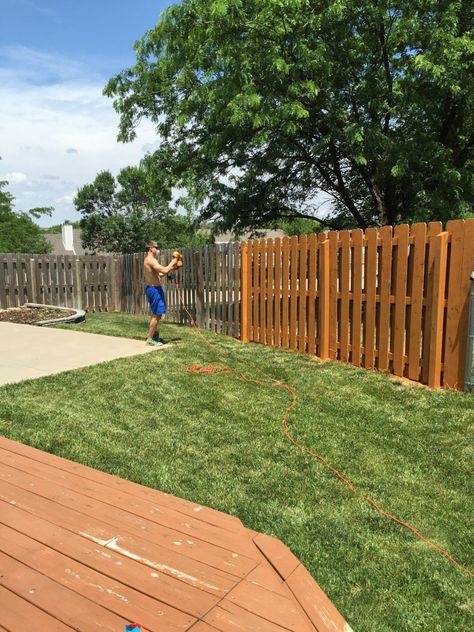 How to stain a fence: This post details what steps and materials we took and used to transform the look and condition of our wood fence. We did pressure washing, spray painting, painting, and more. The project was inexpensive, easy, and dramatic in effect. Anyone could do it! Click here to read more and get started on your fence! How To Stain Old Wood Fence, Spray Stain Fence, Staining Wood Fence, Fence Staining, Stockade Fence, Redwood Fence, Wood Staining, Post And Rail Fence, Diy Backyard Fence